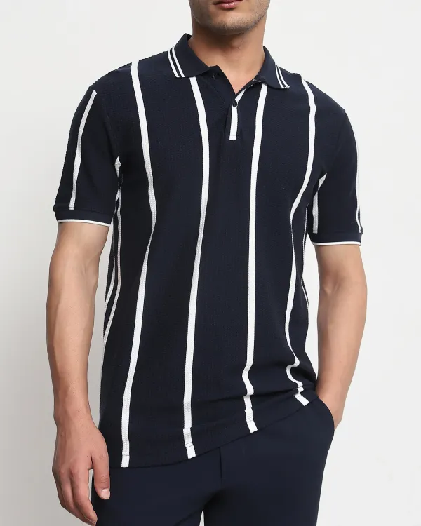 Daily Simple And Slimming Navy Striped Polo Shirt