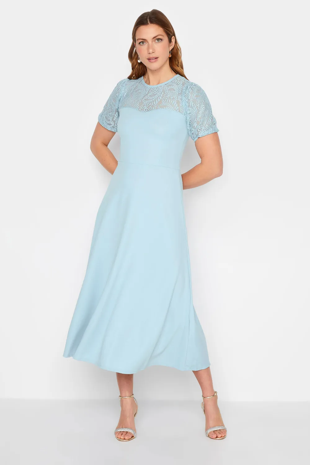LTS Tall Light Blue Lace Midi Dress