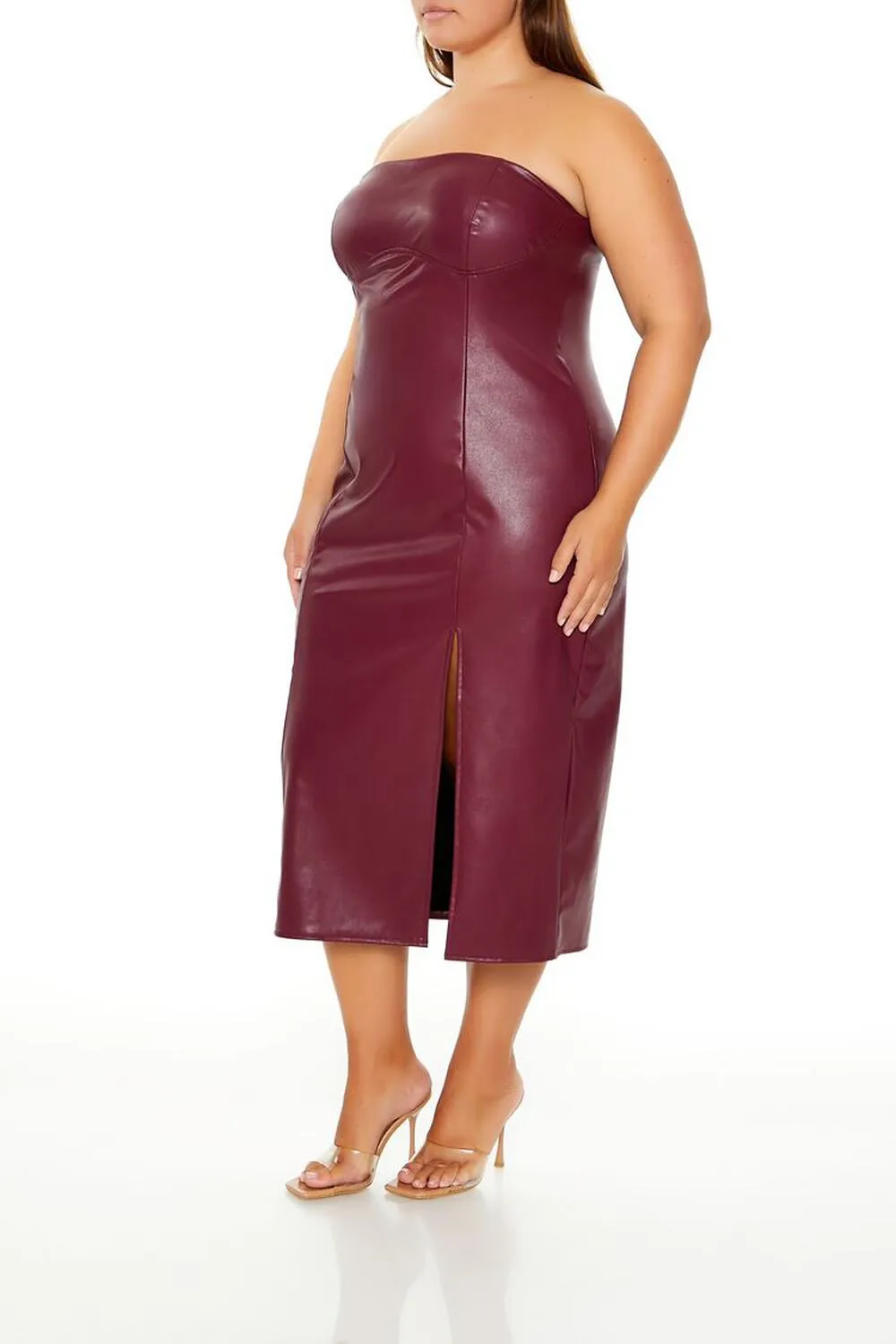 Plus Size Faux Leather Tube Midi Dress