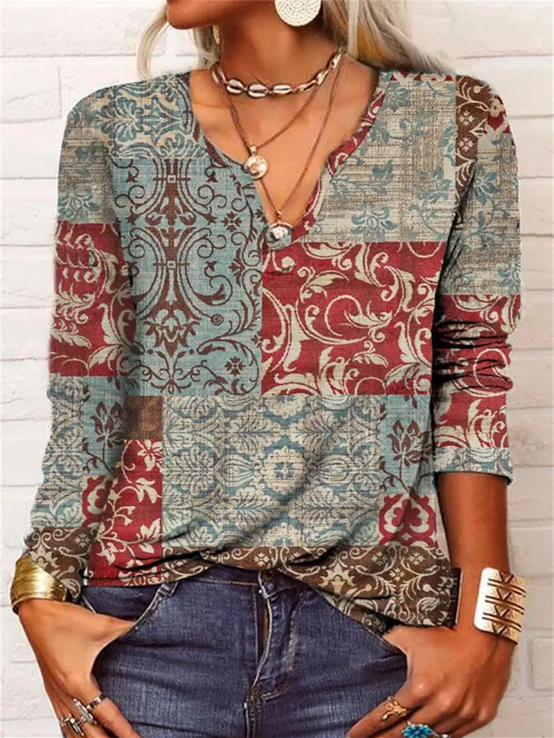 Women V-neck Graphic Floral Printed Long Sleeve Tops
