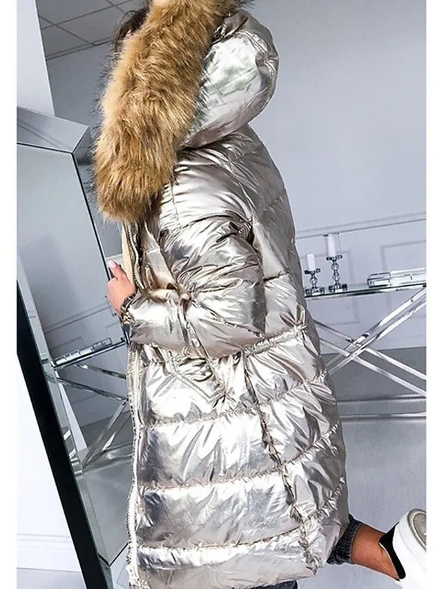 Women's Winter Jacket Parka Warm Breathable Daily Going out Pocket Fur Collar Fleece Lined Zipper Hoodie Active Simple Comfortable Solid Color Regular Fit Outerwear Long Sleeve Winter Fall Silver