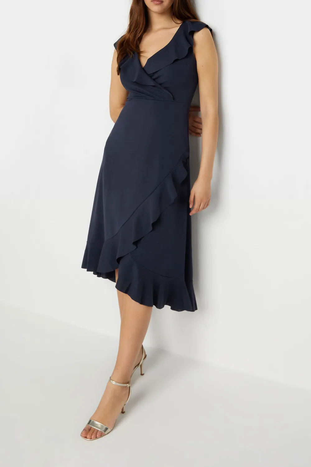 Navy Blue Frill Wrap Midi Dress