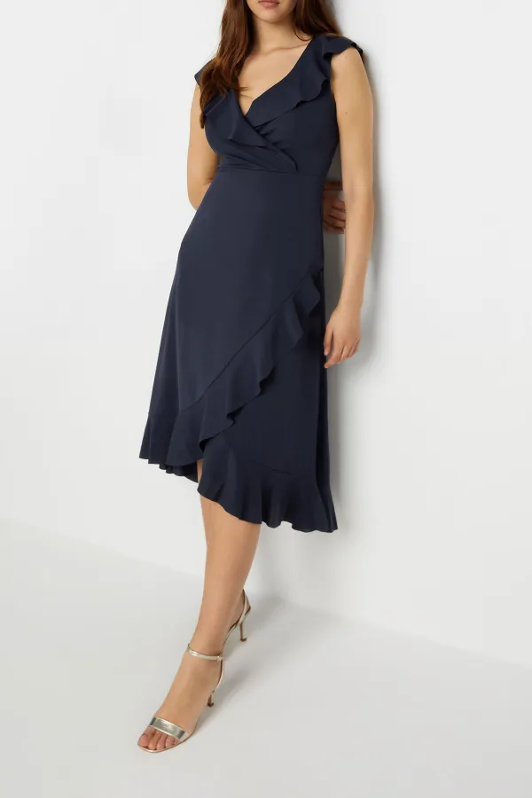 Navy Blue Frill Wrap Midi Dress