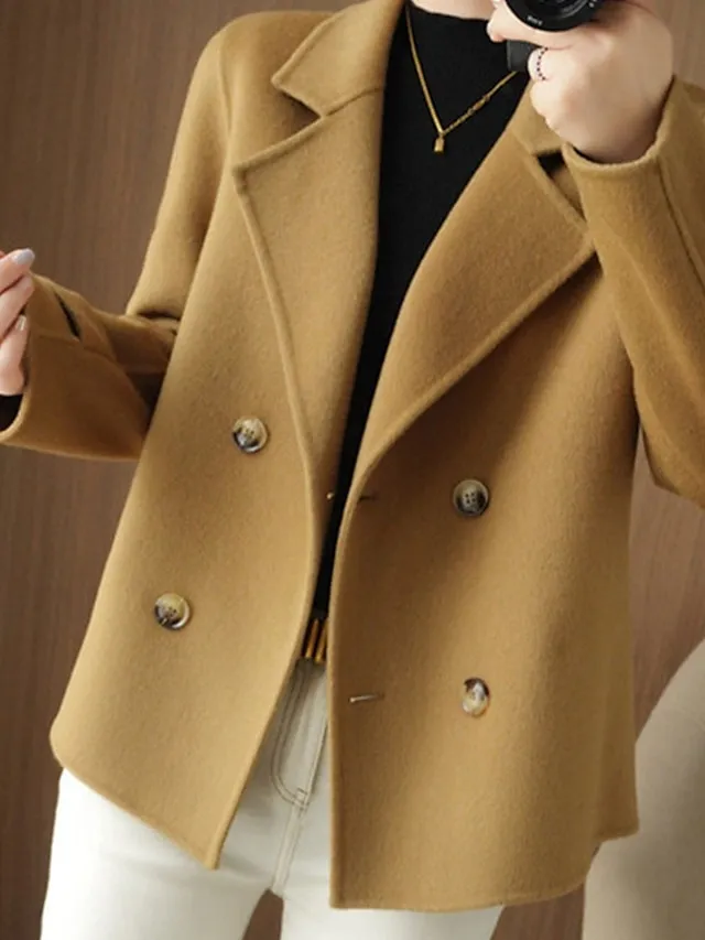 Women's Winter Blazer Coat Fall Double Breasted Lapel Jacket Wool Blend Short Coat with Pockets Warm Black White Camel