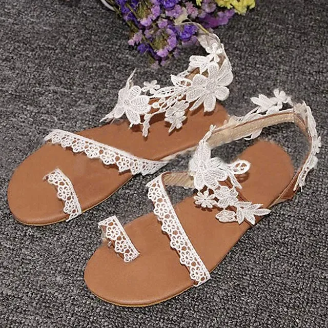 Women's Wedding Shoes Sandals Boho Bohemia Beach Flat Sandals Plus Size Wedding Daily Beach Wedding Flats Wedding Sandals Bridal Shoes Summer Flower Flat Heel Open Toe Cute Elegant Classic Lace PU