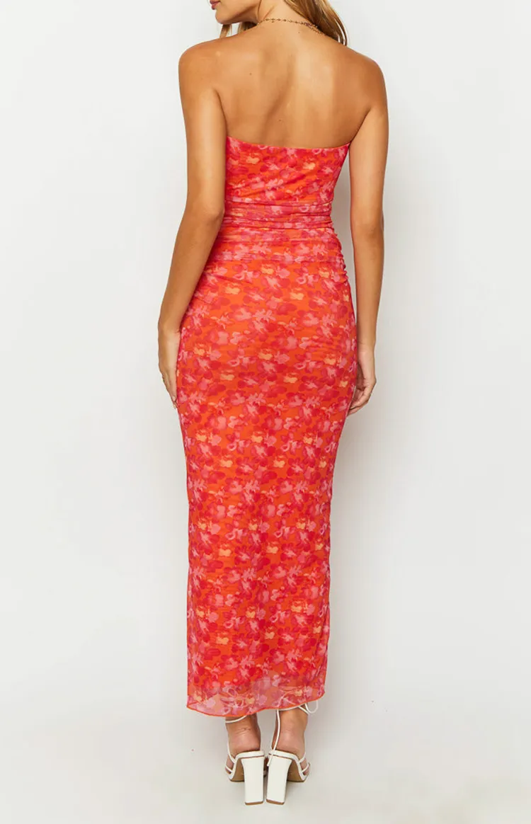 Orange Floral Ruched Strapless Dress