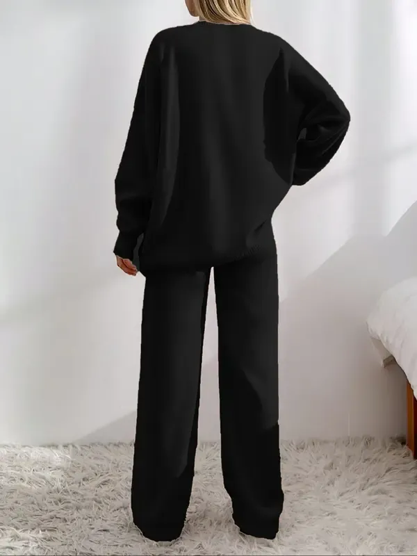 Women's Solid Color Off-Shoulder V-Neck Cardigan & Wide-Leg Pants 2-Piece Loungewear Set