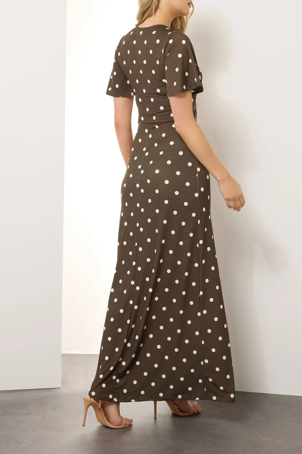 Brown Spot Polkadot Angel Sleeve Maxi Dress