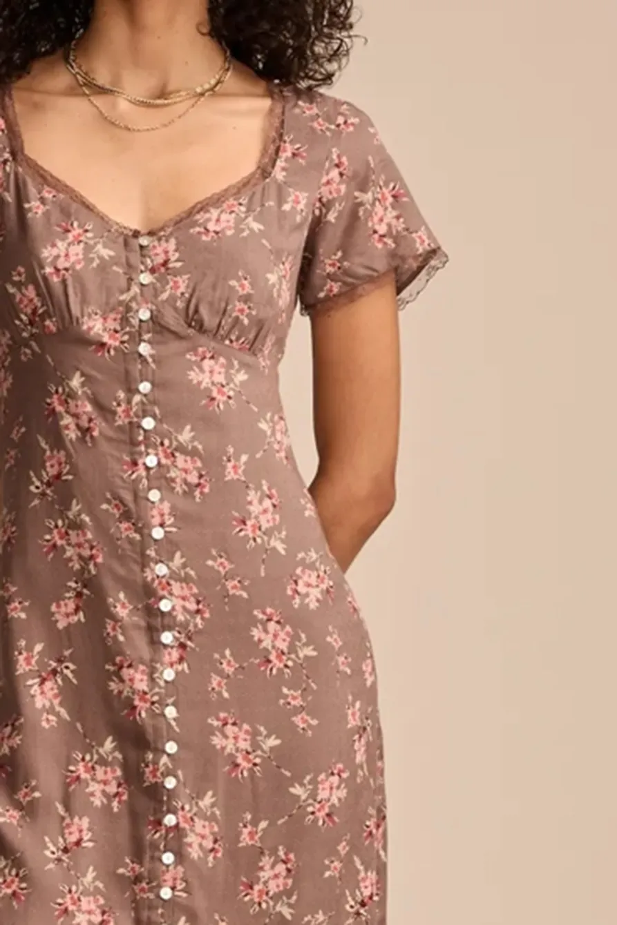 Laupe Floral Lace trimmed Short Sleeve Midi Dress