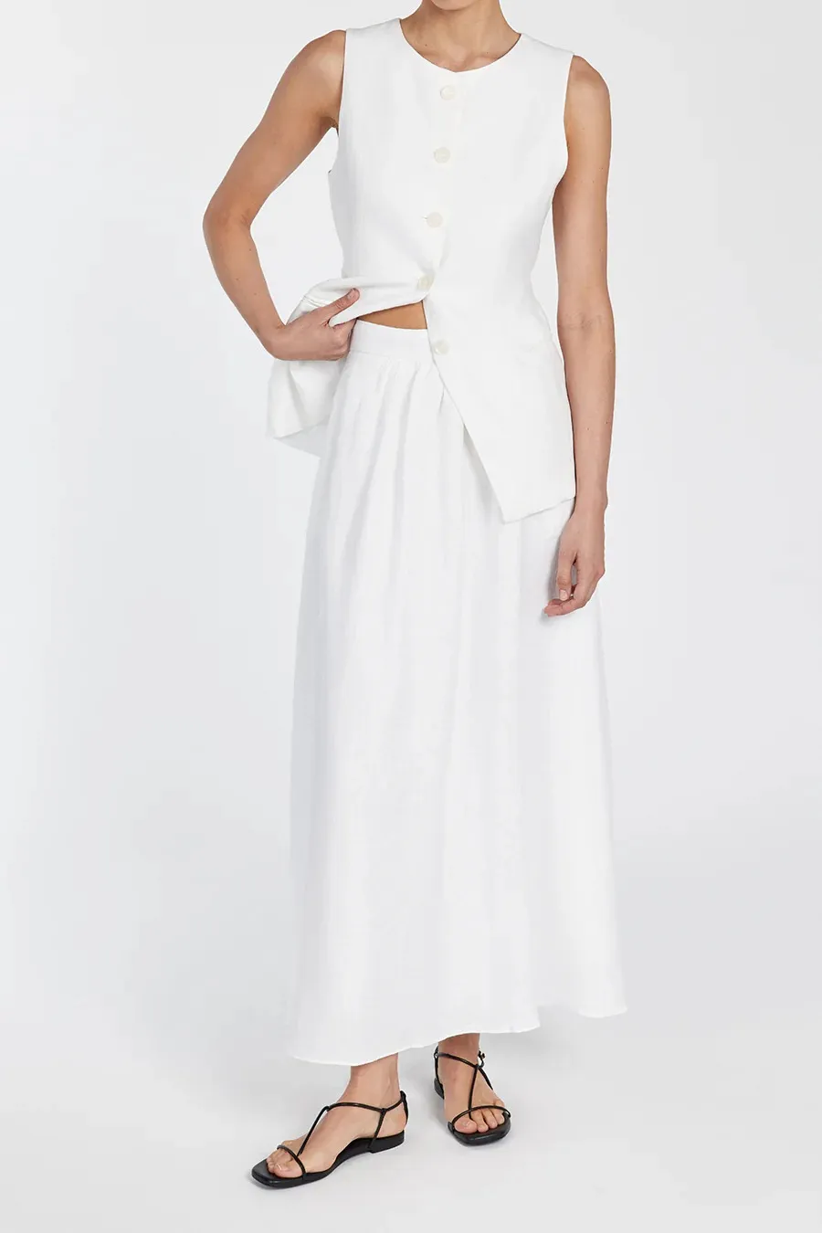 WHITE LINEN MIDI SKIRT