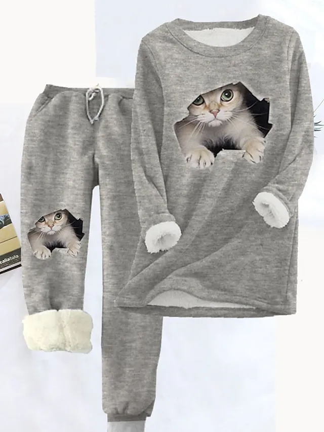 Women's Pajamas Sets Animal Cat Fashion Comfort Soft Carnival Home Christmas Polyester Warm Gift Crew Neck Long Sleeve Hoodie Pant Fall Winter Red Gray