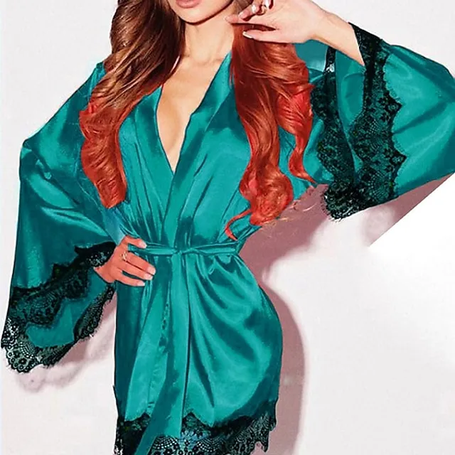 Women's Robes Gown Bathrobes Nighty Silk Kimono 1 PCS Patchwork Casual Comfort Satin Party Home Wedding Party Satin Gift Long Sleeve Lace Belt Included Spring Summer Green Black