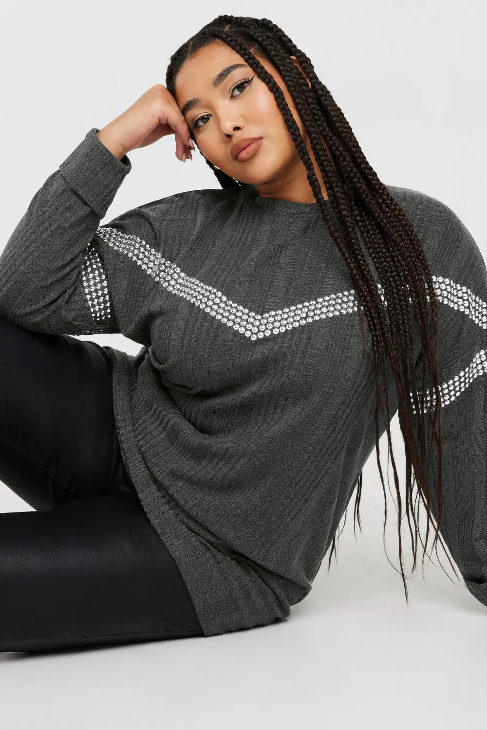 YOURS Curve Grey Ribbed Chevron Stud Jumper