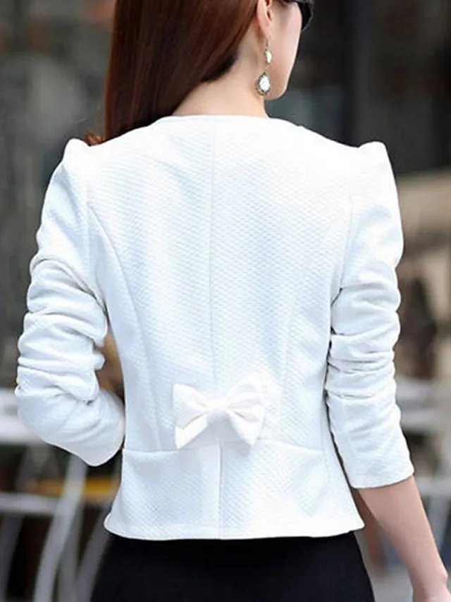 Women's Blazer Fall Short Bow Coat White Black Pink Fuchsia Elegant Street Spring Open Front Round Neck Regular Fit S M L XL XXL 3XL