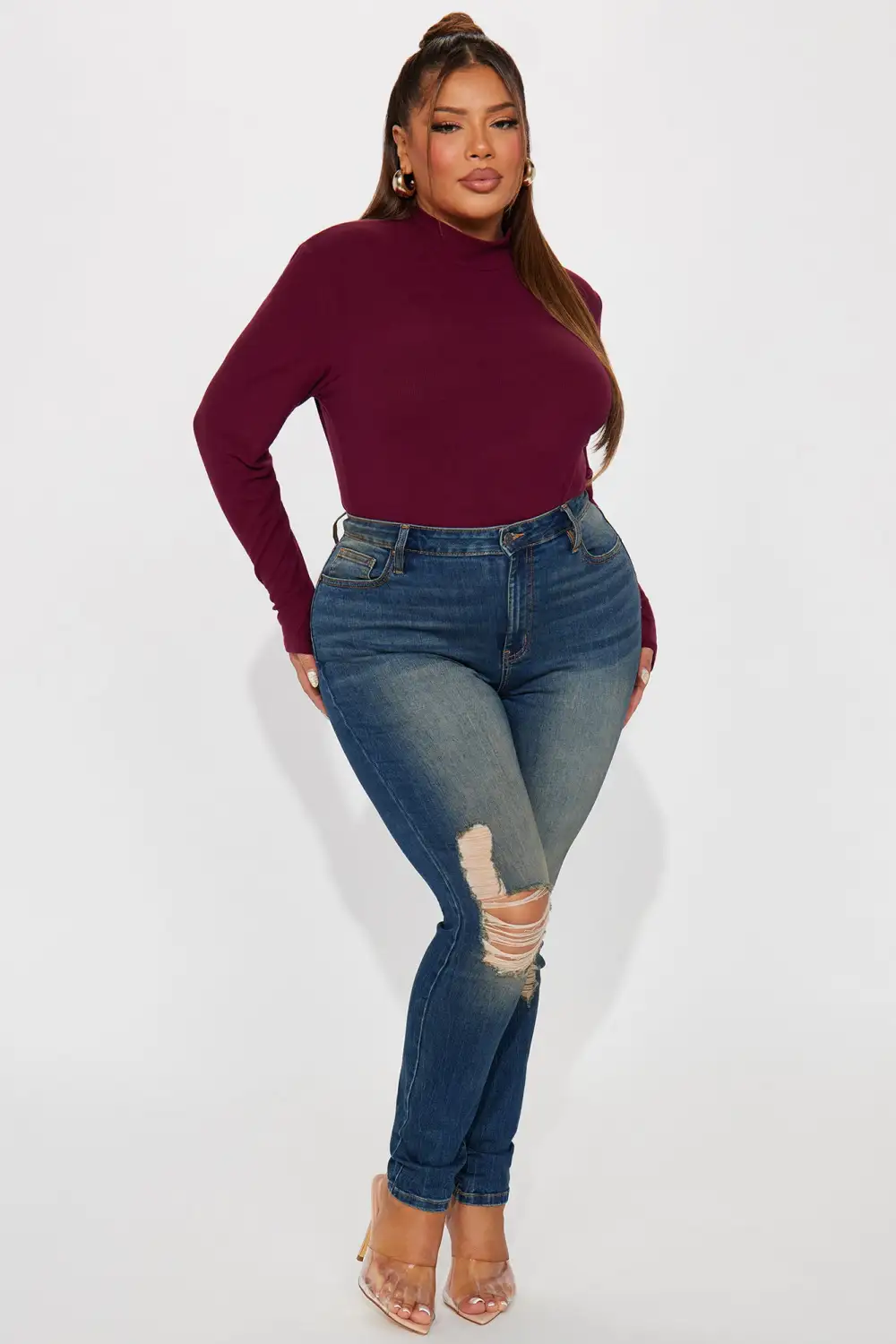 Ashlyn Ribbed Mock Neck Top - Burgundy
