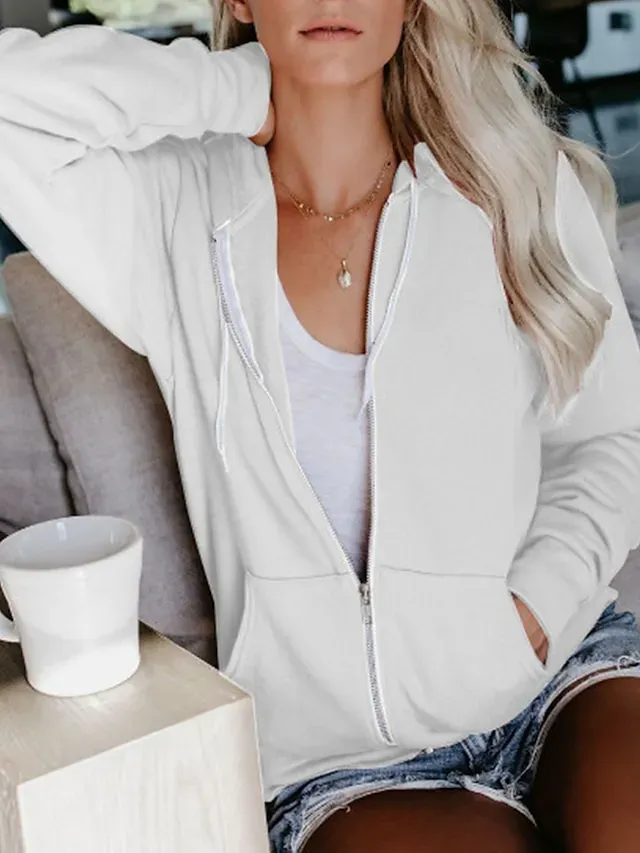 Women's Hoodied Jacket Casual Jacket Fall Spring Outdoor Zipper Plain Breathable Streetwear Regular Fit Outerwear Long Sleeve Summer Black S