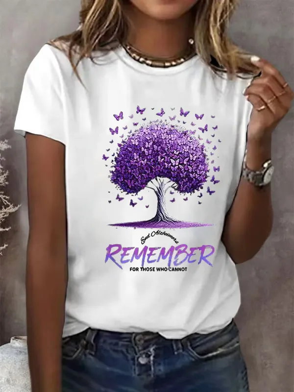 Women'S Alzheimer'S Awareness End Alzheimer Remember For Those Who Cannt Butterfly Printed Short Sleeve T-Shirt