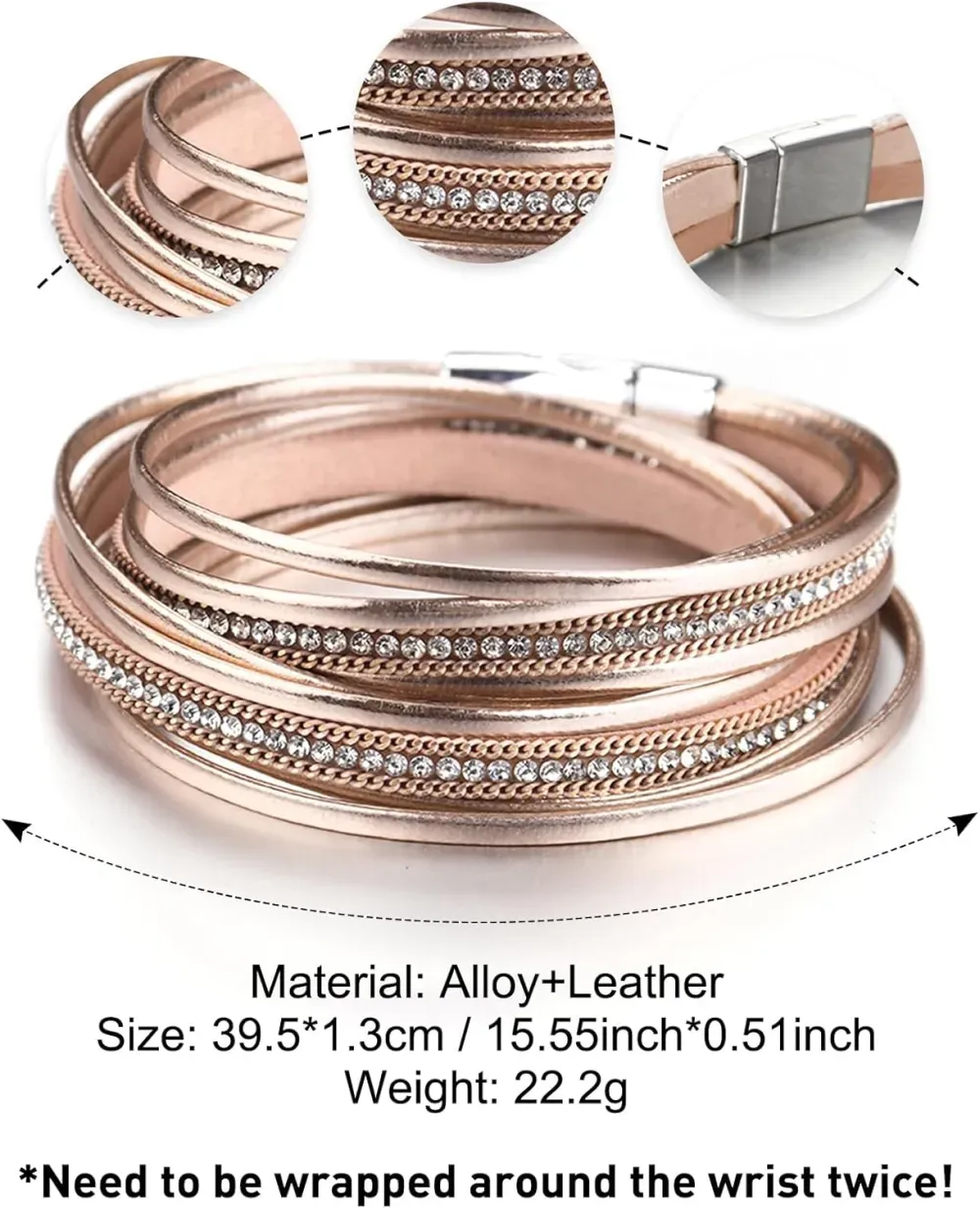 Fesciory Leather Wrap Bracelets for Women, Boho Leopard Multi-Layer Crystal Beads Cuff Bracelet Jewelry