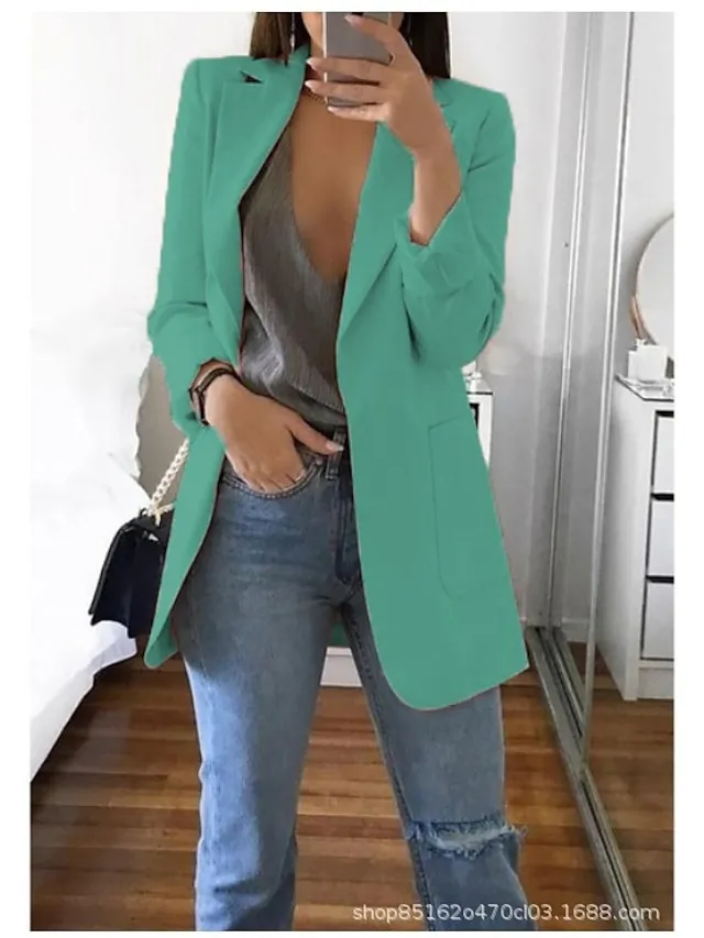 Women's Plus Size Curve Blazer Spring Work to Wear Office Jacket with Pocket Long Sleeve Peaked Lapel Fall Winter