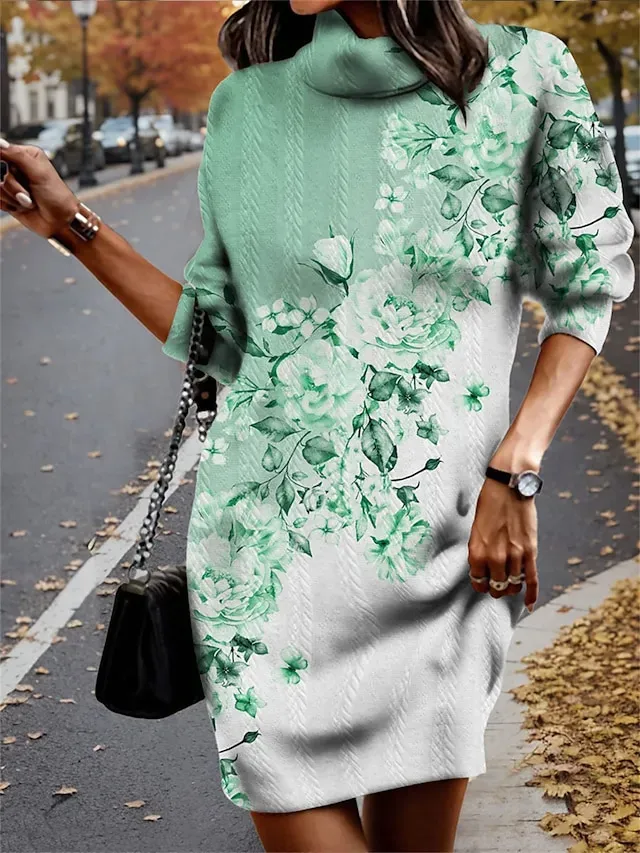 Women's Sweater Dress Jumper Dress Winter Dress Mini Dress Knitwear Warm Fashion Ombre Floral Outdoor Casual Daily Vacation Turtleneck Long Sleeve 2023 Loose Fit Yellow Blue Purple S M L XL XXL 3XL