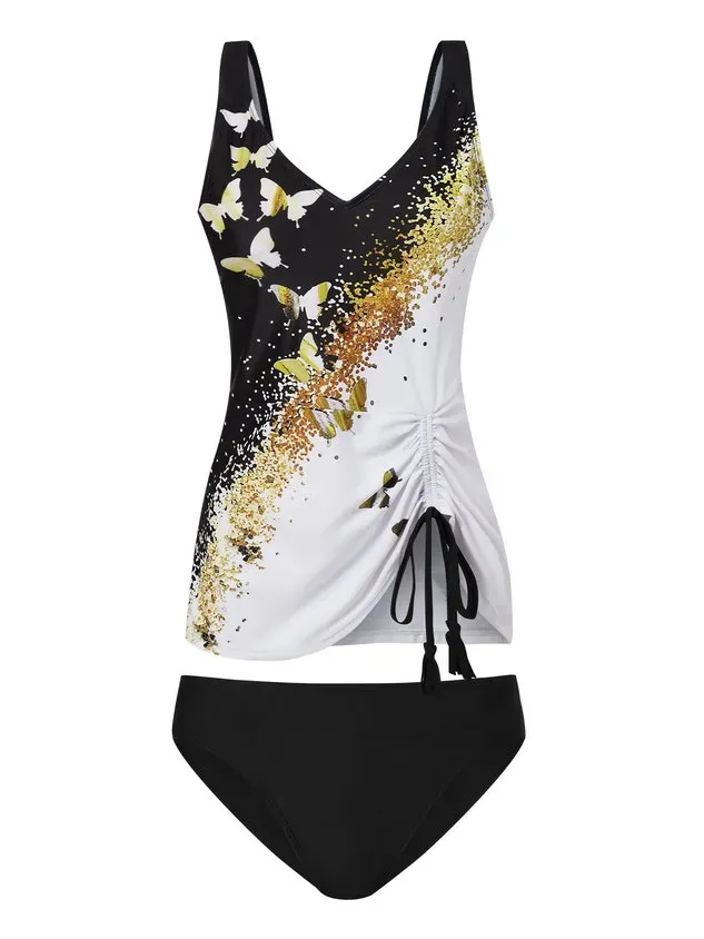 Vacation Abstract Printing V Neck Tankinis Two-Piece Set