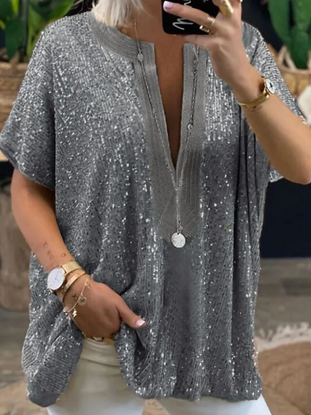 Women's Plus Size Shirt Blouse Silver Gold Plain Sparkly Sequins Half Sleeve Party Date Vacation Vintage Fashion Streetwear V Neck Regular Fit Summer Spring