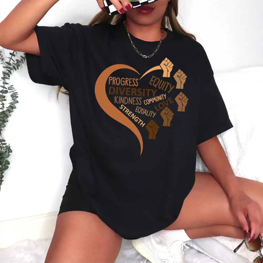 Black Lives Matter Progress Equity Diversity Kindness Strength Equality Love Community Equity Printed Round Neck Short Sleeve T-Shirt
