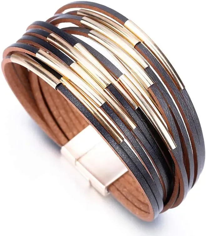 Fesciory Leather Wrap Bracelets for Women, Boho Leopard Multi-Layer Crystal Beads Cuff Bracelet Jewelry