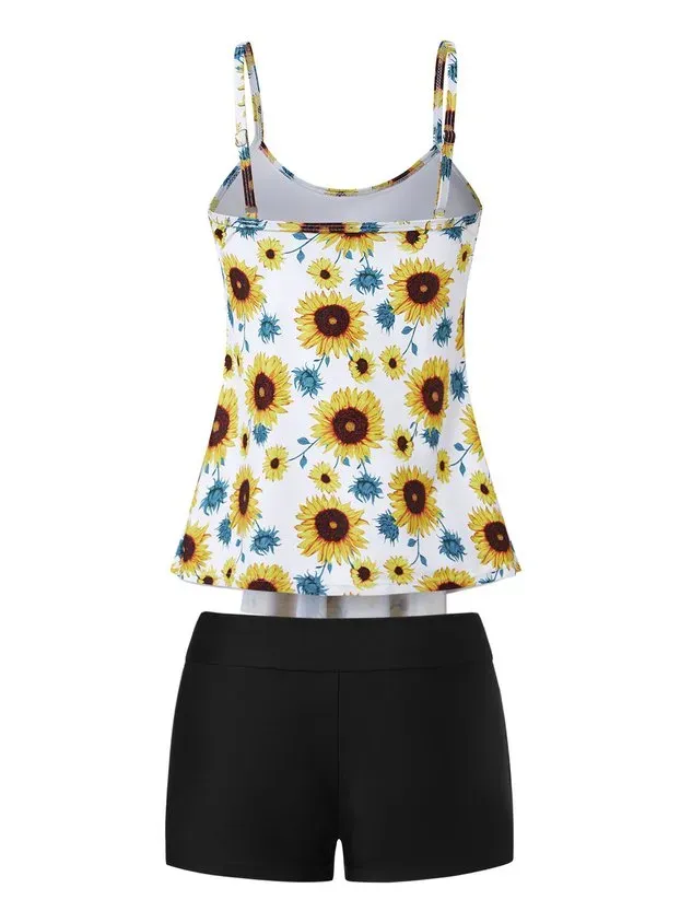 Vacation Floral Flouncing Scoop Neck Tankinis Two-Piece Set