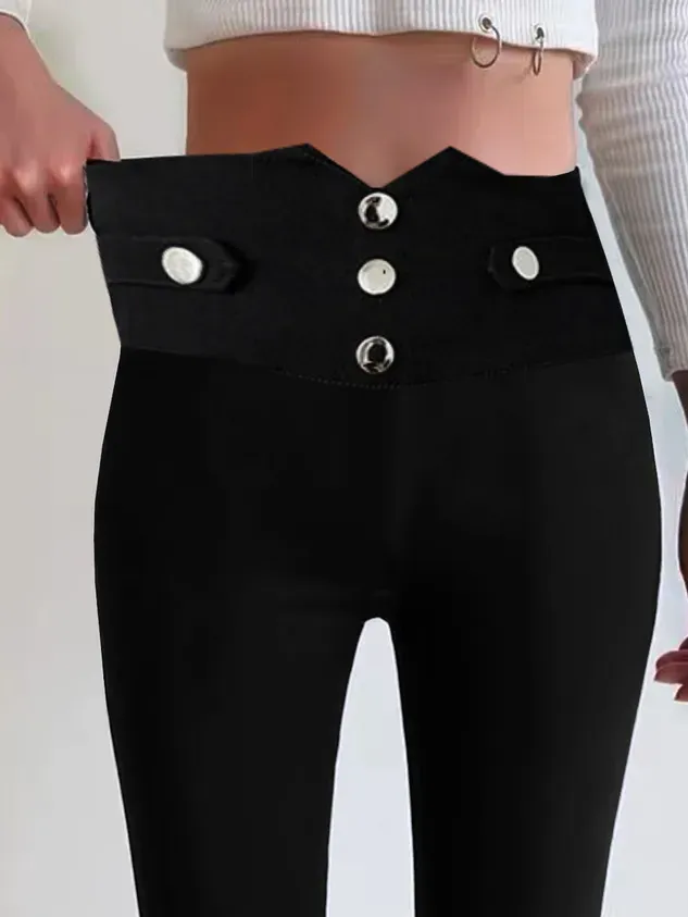 Casual Plain Buckle Natural Long Legging