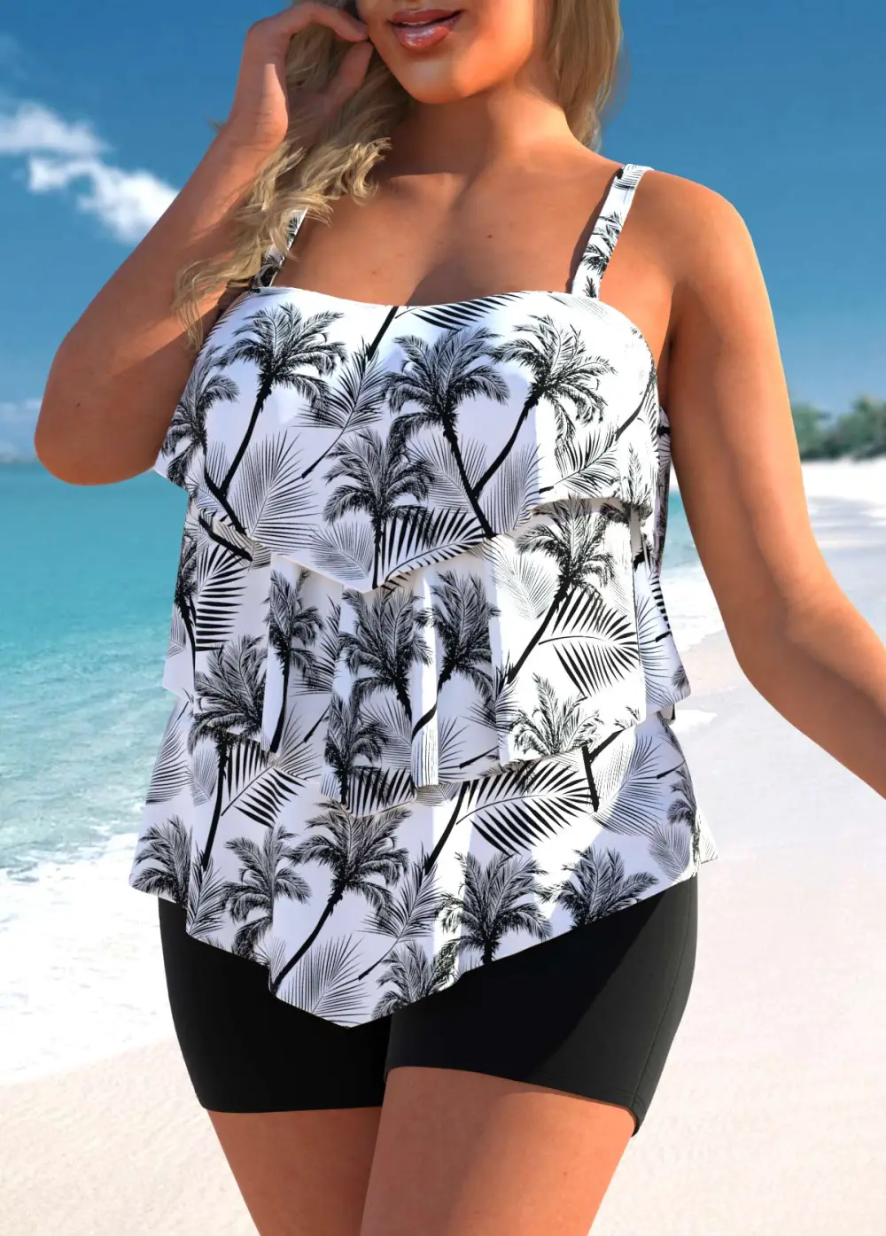 RUFFLE HEM COCONUT TREE PRINT PLUS SIZE TANKINI