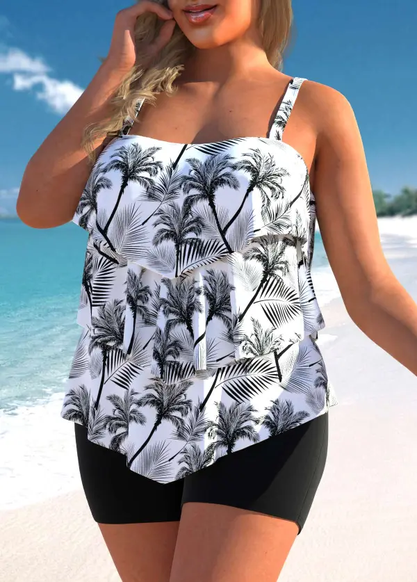 RUFFLE HEM COCONUT TREE PRINT PLUS SIZE TANKINI