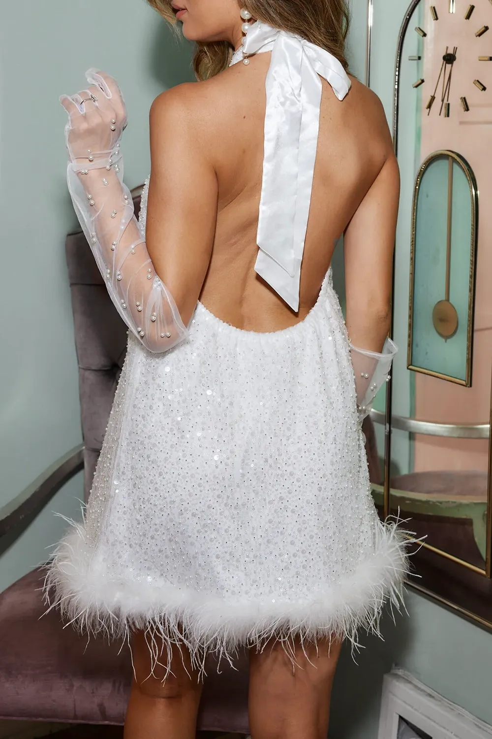 Mini Dress with Feather Trim