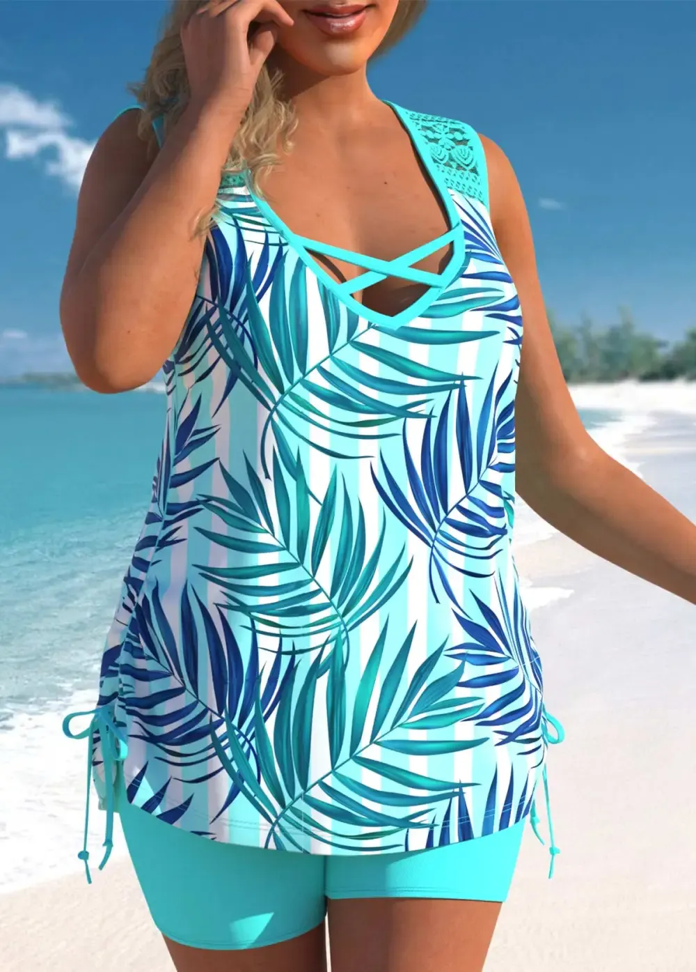 Cyan Tropical Print Lace Stitching Tankini Set