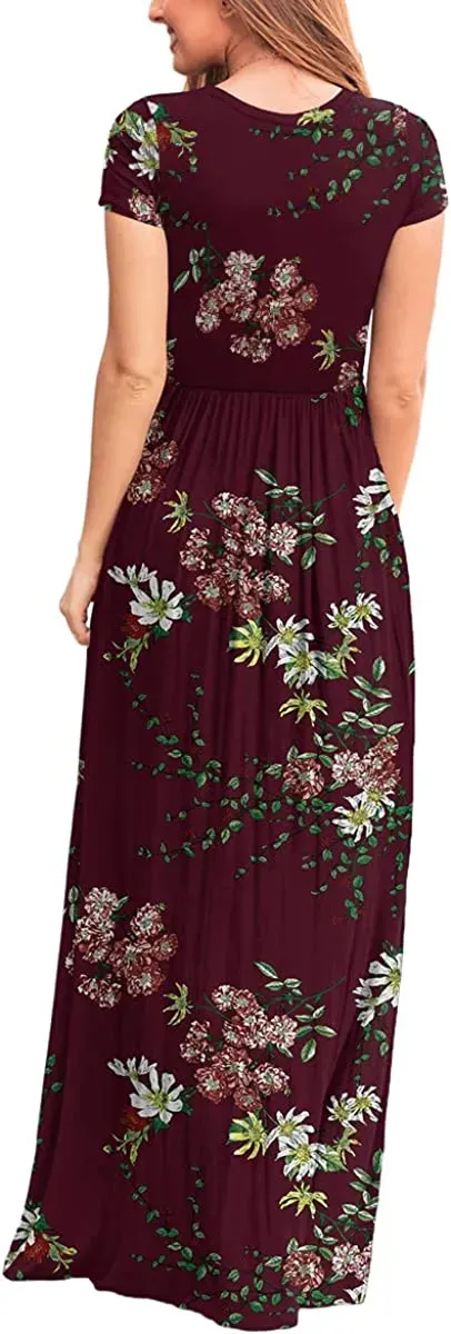 Women's Short Sleeve Loose Plain Maxi Dresses Casual Long Dresses with Pockets