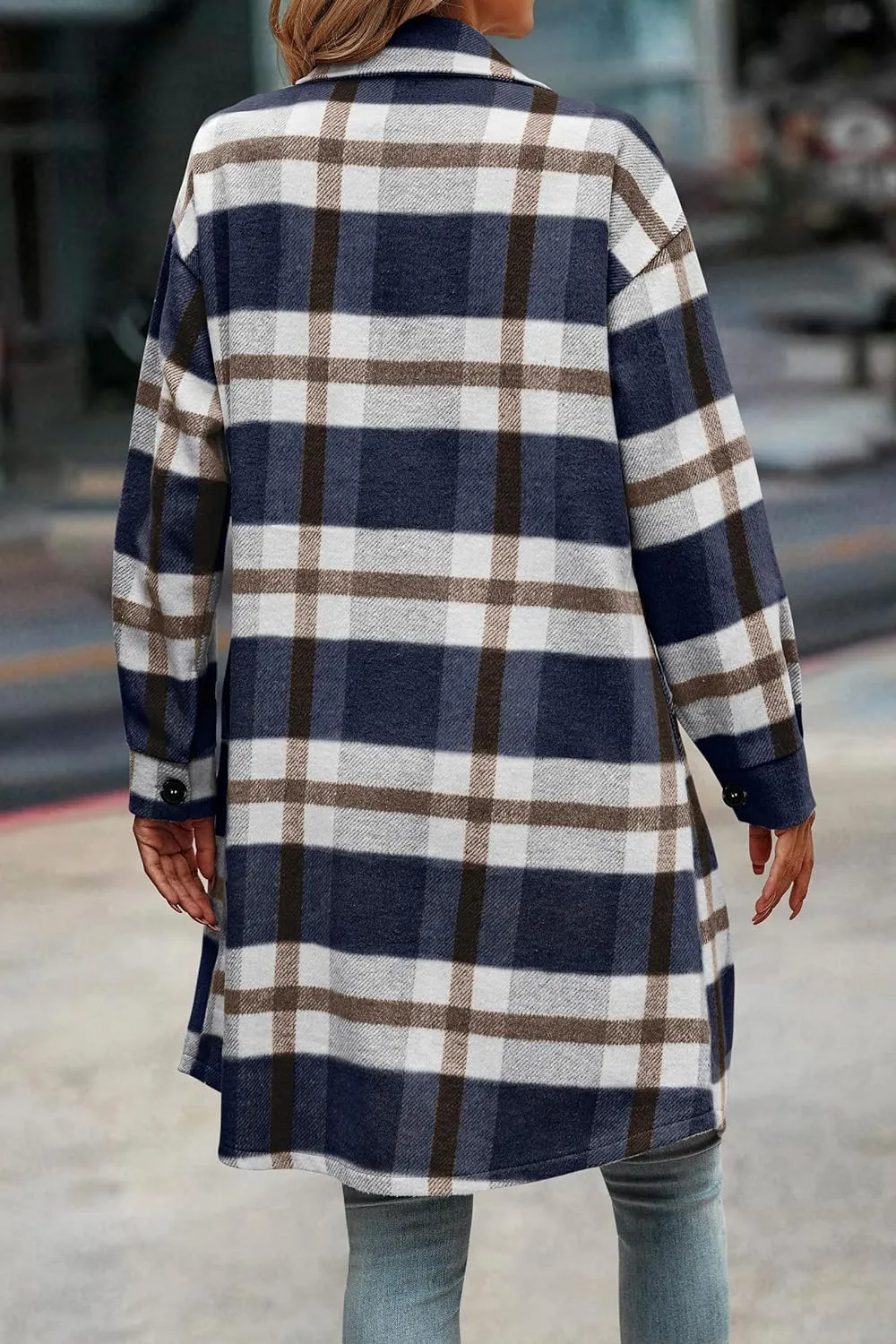 Women's Plaid Shacket 2023 Long Sleeve Button Up Flannel Shirt Winter Tartan Jacket Woolen Coats