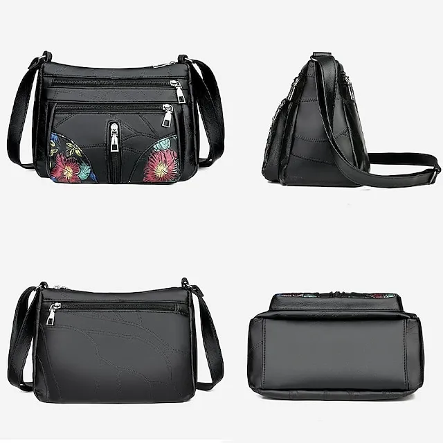 Women's Crossbody Bag Shoulder Bag Hobo Bag PU Leather Outdoor Daily Holiday Embroidery Zipper Large Capacity Waterproof Lightweight Solid Color Flower Folk Black