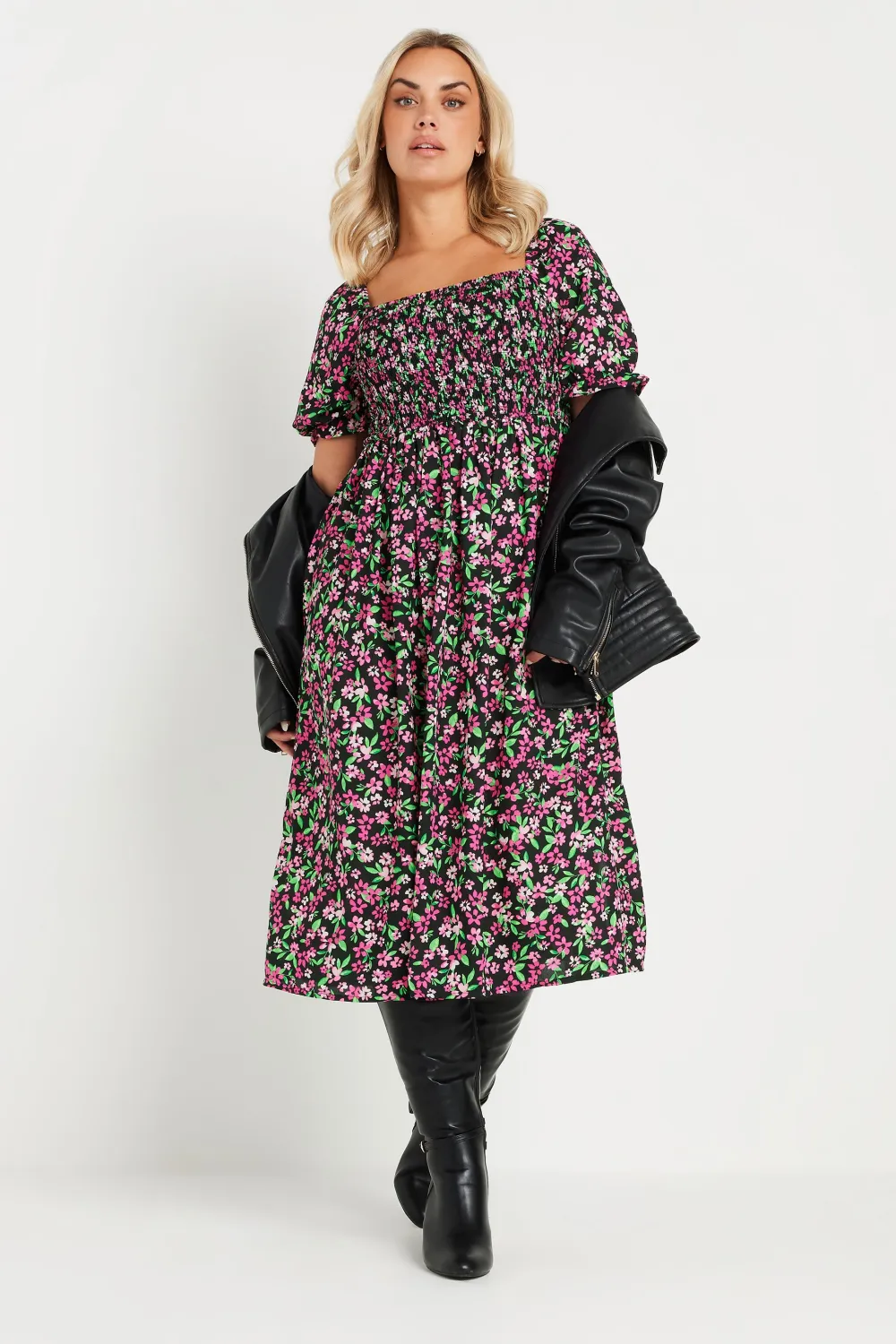 YOURS Curve Blue Floral Print Shirred Midaxi Dress