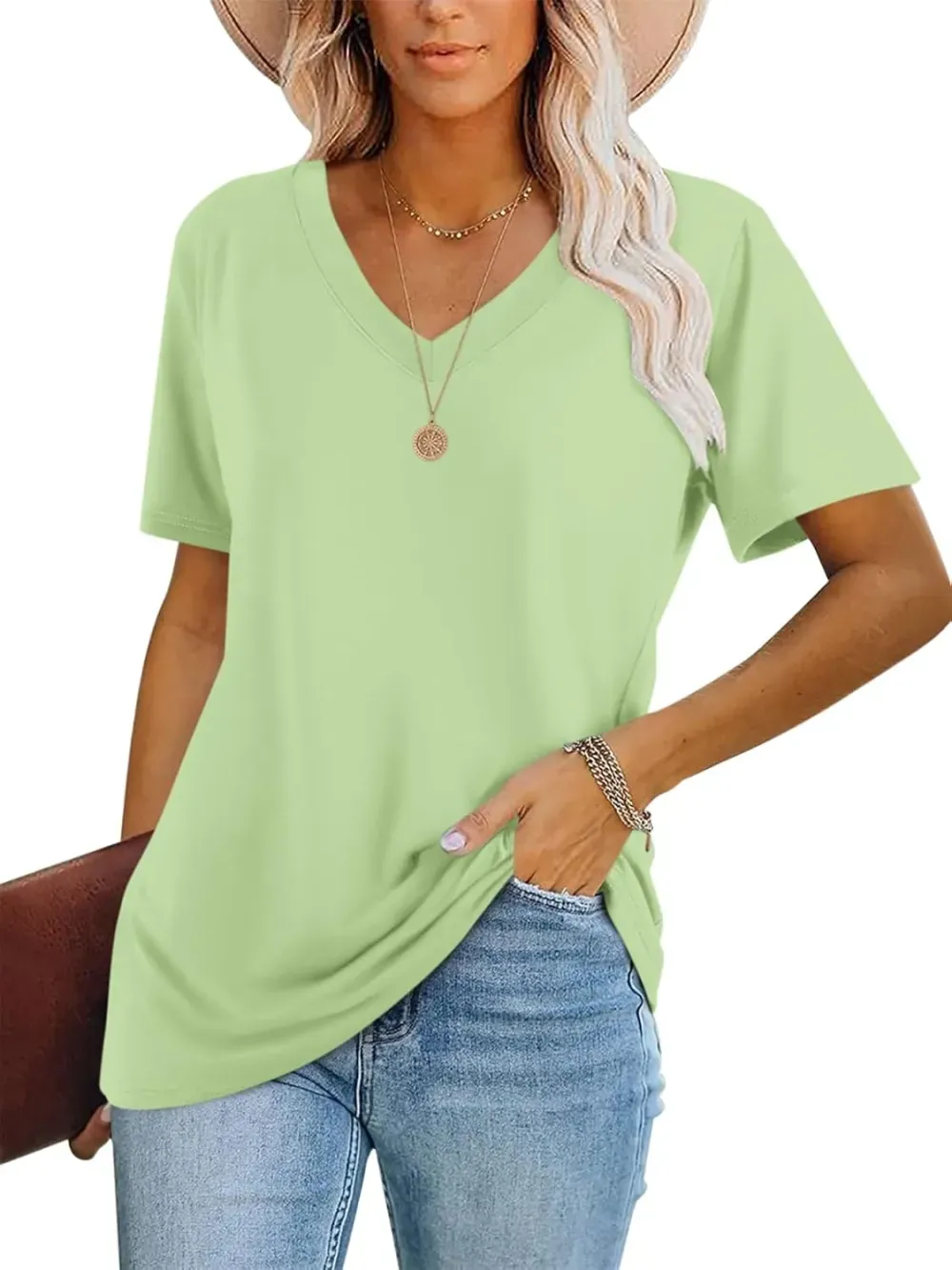 ORANDESIGNE Women's Color Block Short Sleeve T Shirts Casual V Neck Summer Tops Tees Loose Fit Blouses