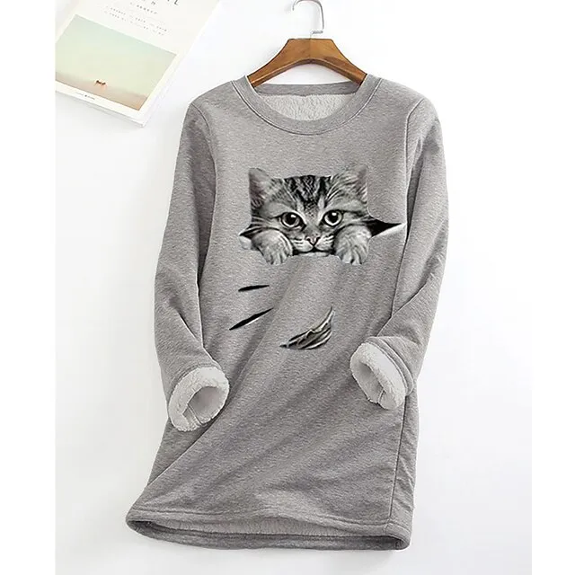 Women's Plus Size Sweatshirt Pullover Cat Teddy Sherpa Fleece Denim Blue Black White Street Casual Round Neck Long Sleeve Top Micro-elastic Fall & Winter