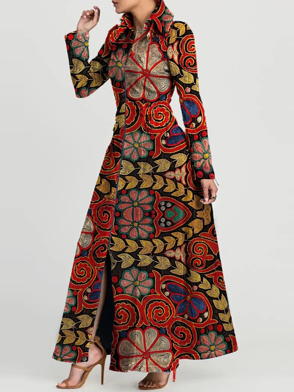 Ursime Vintage Boho Floral Turndown Collar Long Sleeve Zipper Maxi Dress