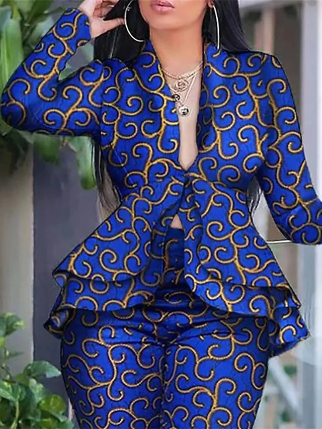 Women's Suits Office Daily Vacation Spring Fall Regular Coat Regular Fit Thermal Warm Breathable Stylish Modern Style Casual Jacket Long Sleeve Floral Ruffle Print Blue