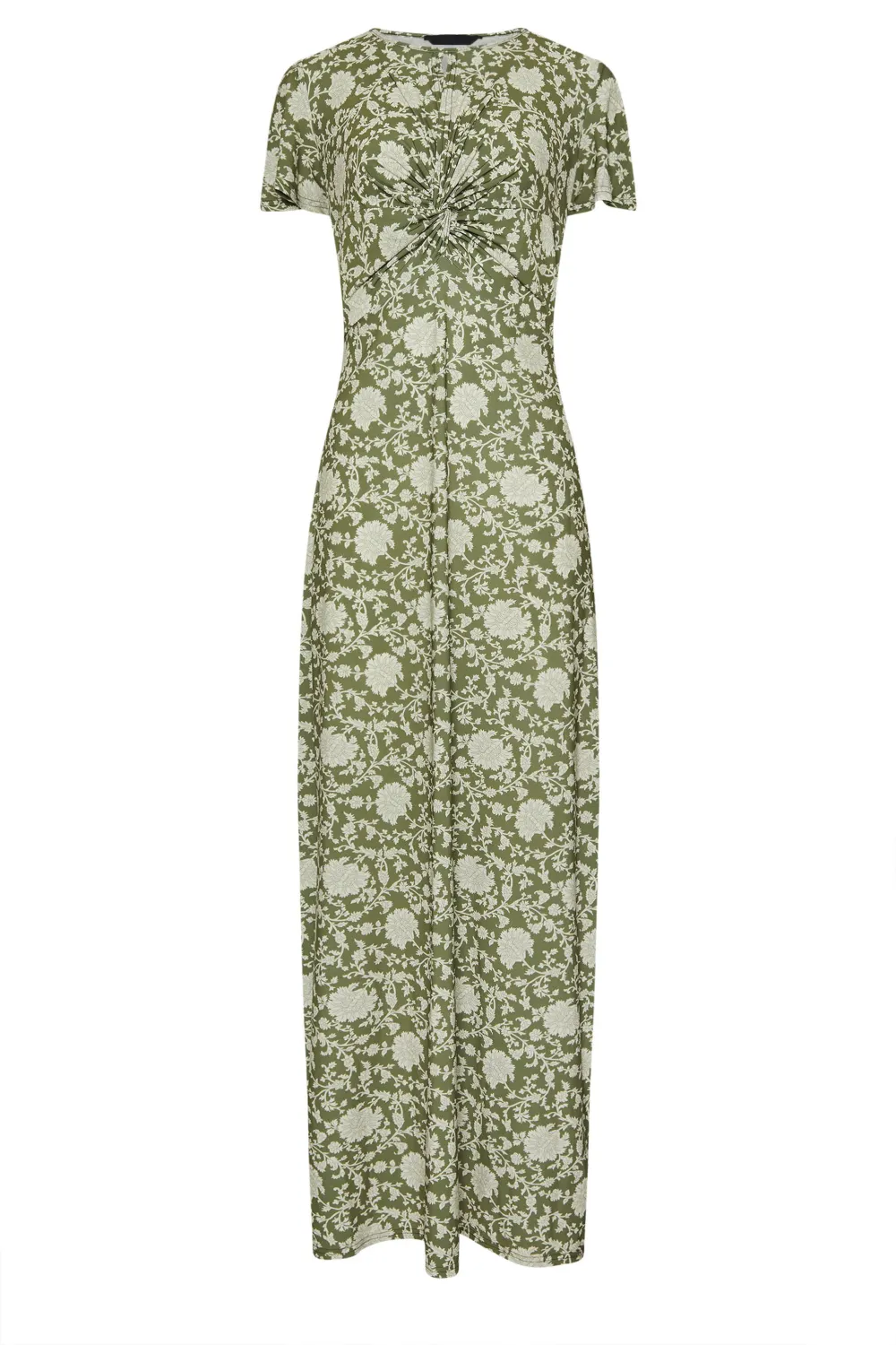 Scooped Neckline Green Floral Ruched Maxi Dress