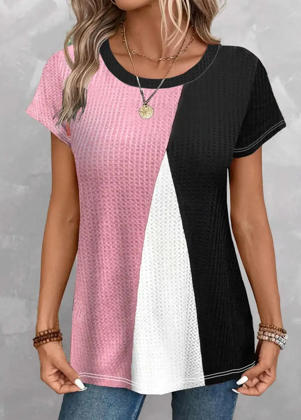 Black Patchwork Geometric Print Short Sleeve T Shirt