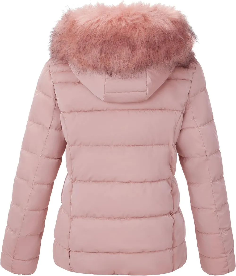 Womens Lightweight Puffer Jacket, Winter Coats for Women Warm Quilted Bubble Padded Hood Coat with Faux Fur Collar