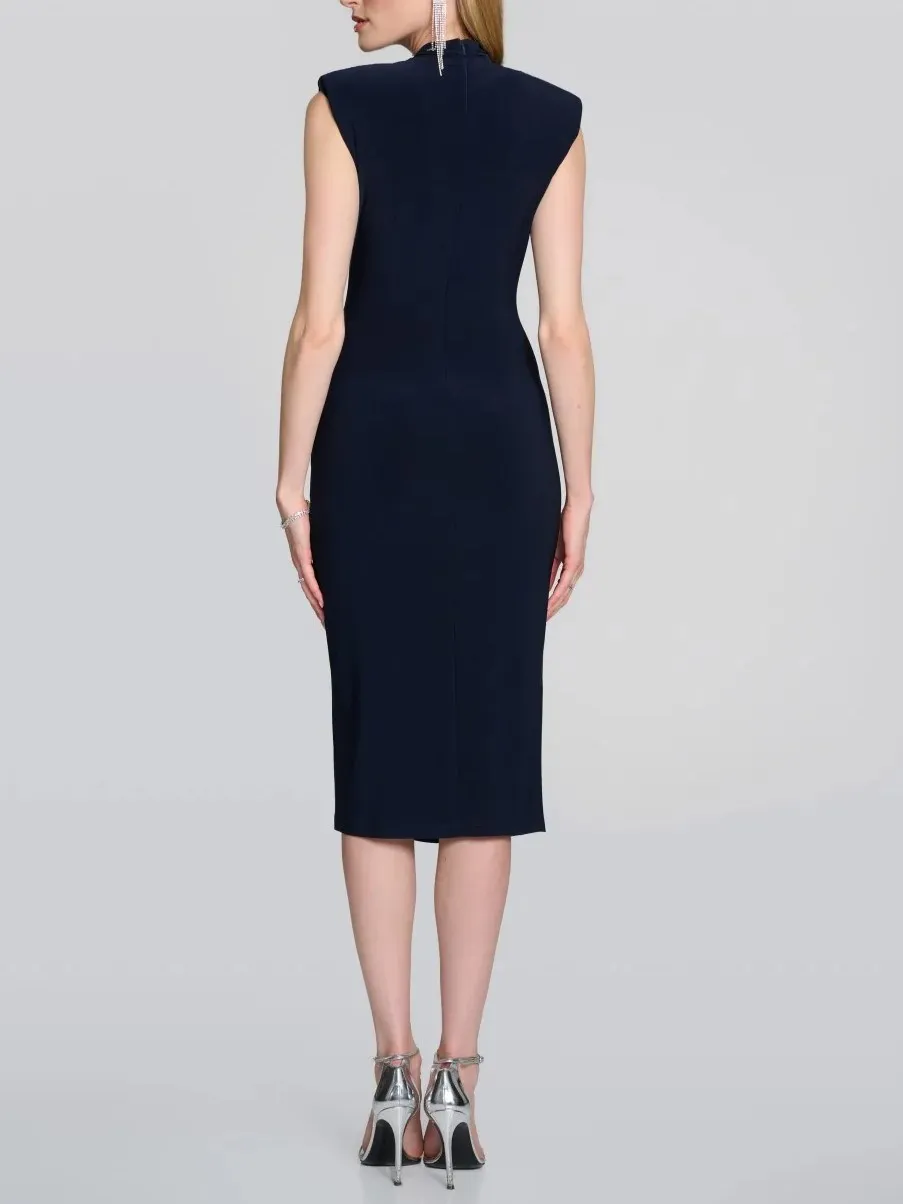 Navy Blue Belted Wrap Midi Dress