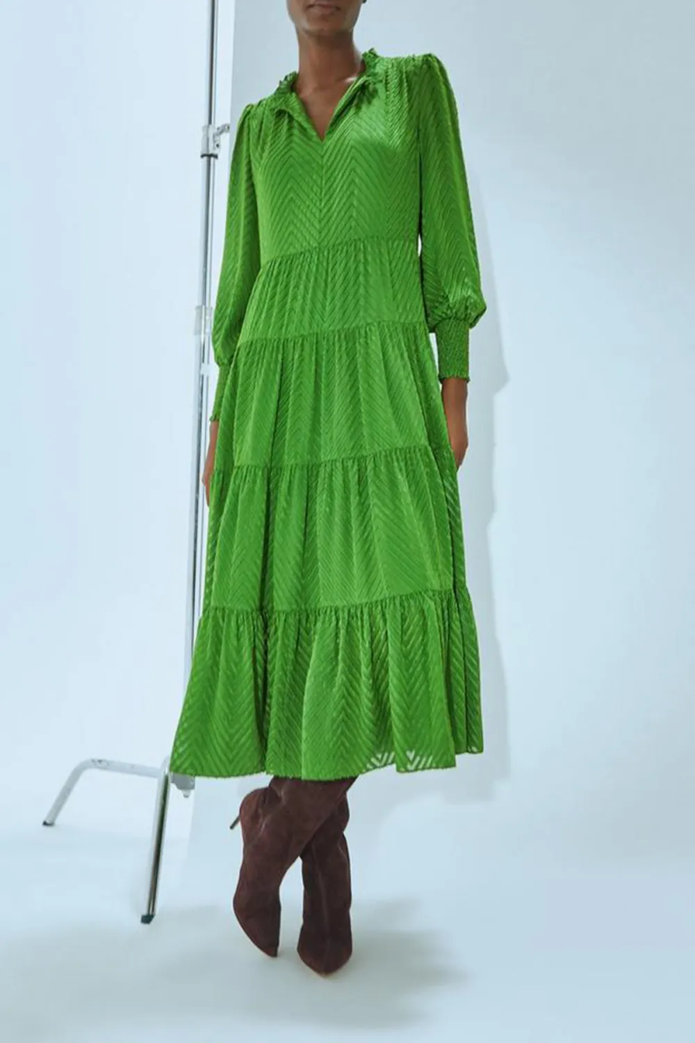 Green Tiered Long Sleeve Maxi Dress