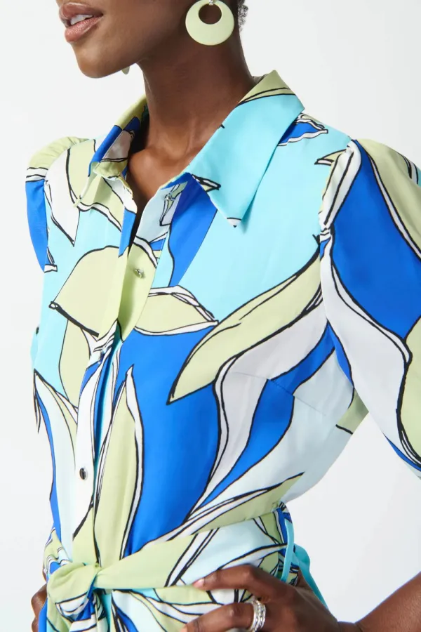 Blue and White Leaf Print Shirt Dress