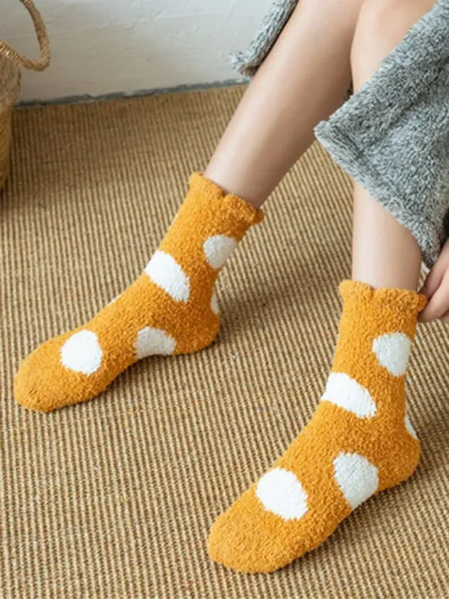 Polka-dot Bear Heart-shaped Graphics Warm Plus Velvet Coral Fleece Floor Socks