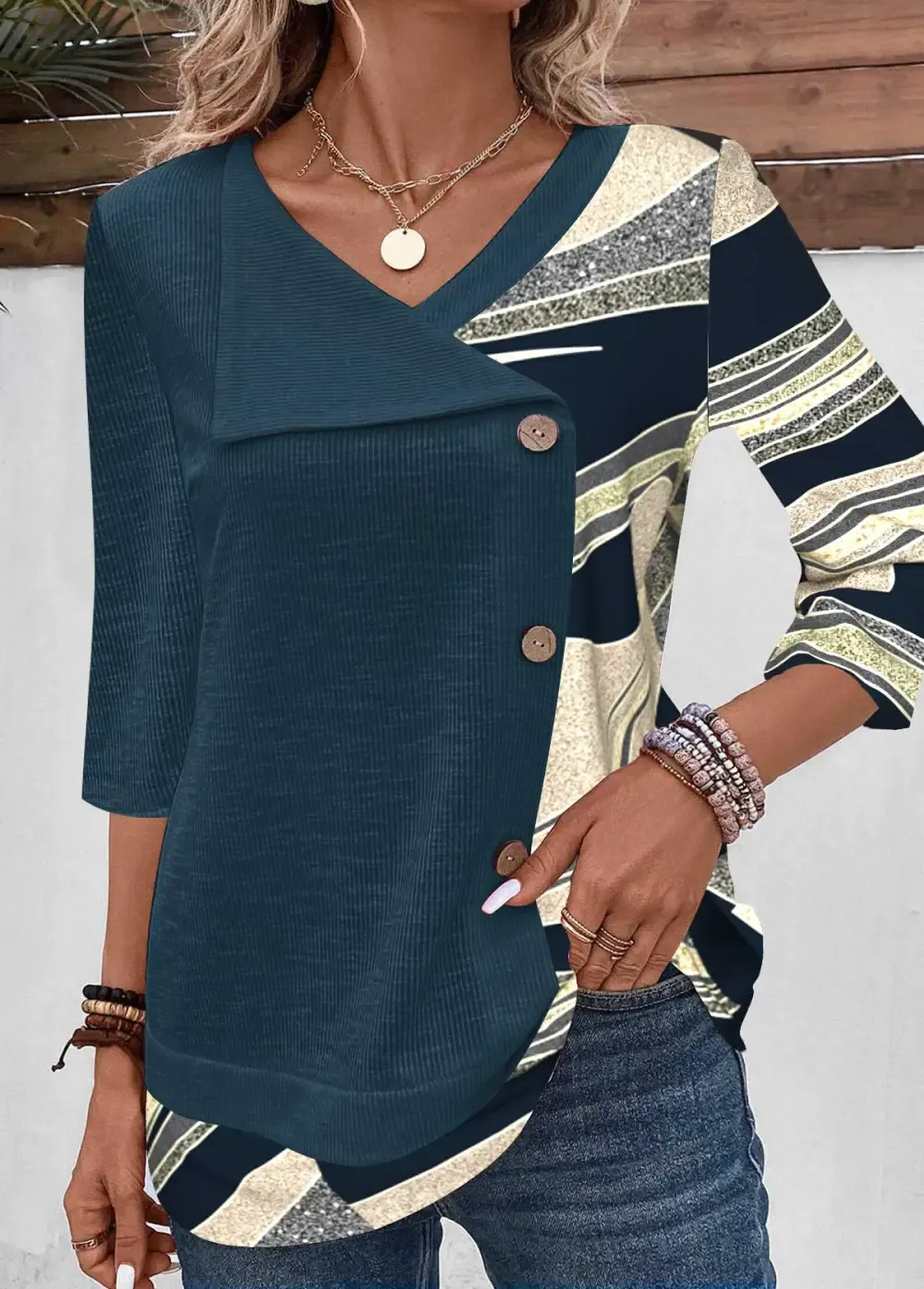 Peacock Blue Patchwork Geometric Print 3/4 Sleeve T Shirt